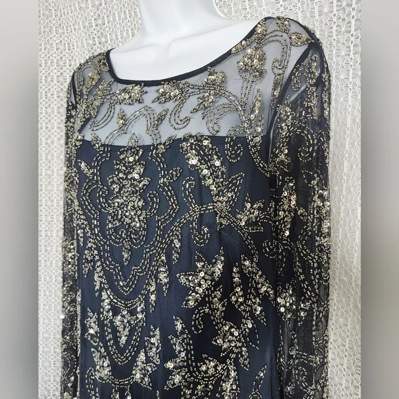 Adrianna Papell Navy and Gold Long Sleeve Gown - Picture 3 of 12